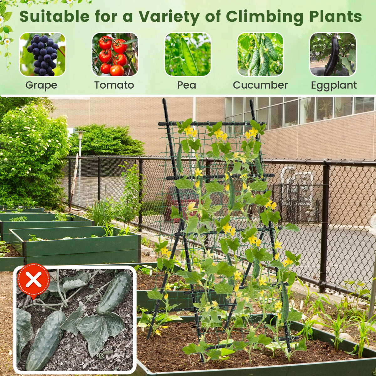 Livsk costway 190 cm tuinrek voor klimplanten komkommer klimhulp verticale plantensteun met net a vormige plantenklimrek voor bloemen fruit 6