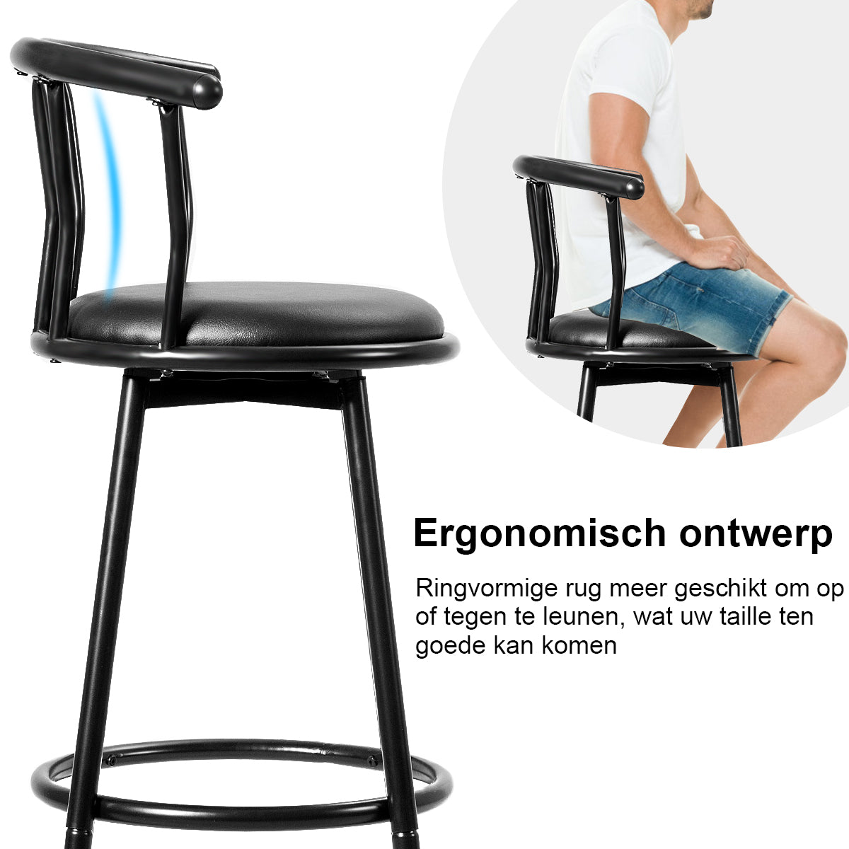 LIVSK Barkrukken Set van 2 - Modern Design - Draaibaar - Ergonomische Rugleuning - Tot 200 kg - 56 x 39 x 102 cm - Zwart