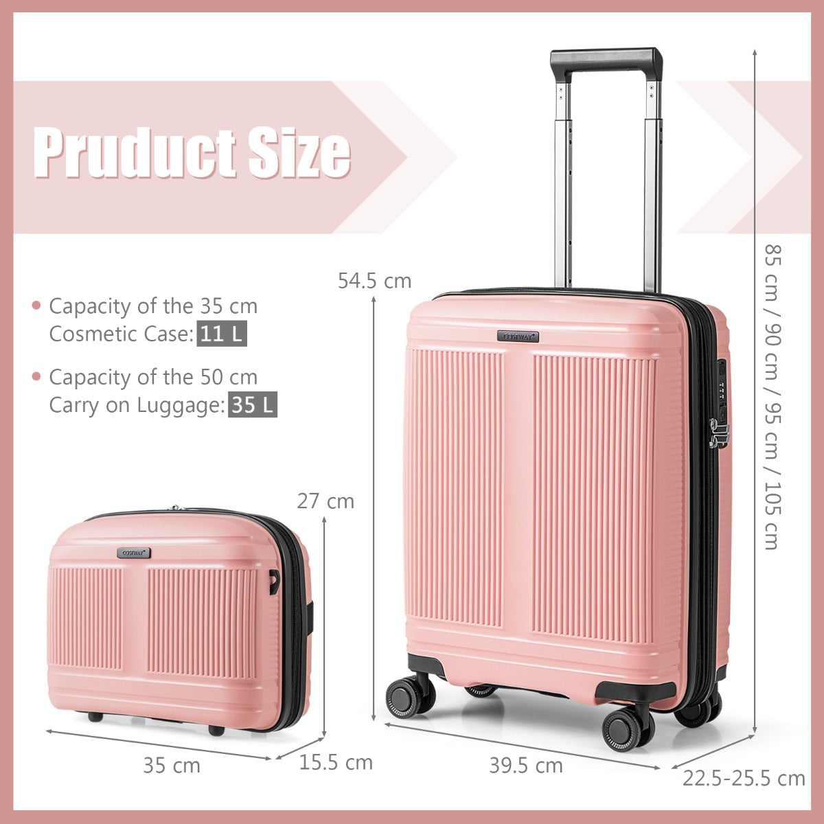 LIVSK 2-delige Bagageset - Handbagagekoffer en Cosmetica Koffer - Ingebouwde USB-aansluiting - TSA-slot - Roze