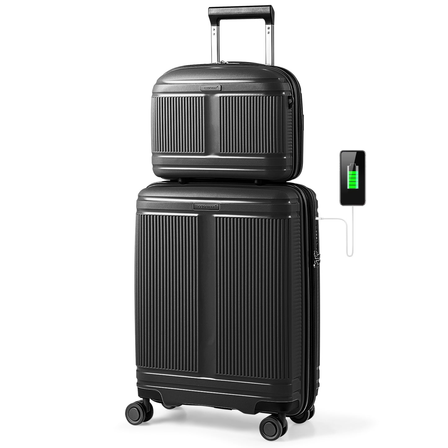 LIVSK 2-delige Bagageset - 14" Cosmetica Koffer & 20" Handbagagekoffer - USB Aansluiting - TSA-slot - Zwart