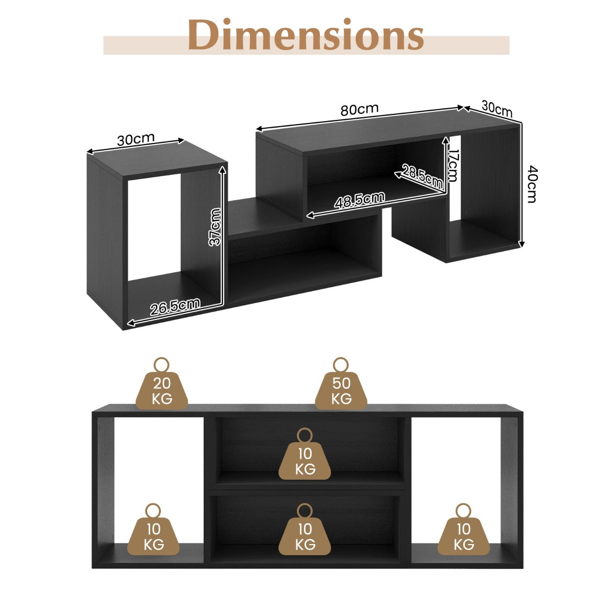 LIVSK modulaire tv-standaard - Aanpasbare L-vormige planken - Geschikt voor tv's tot 60 inch - Robuust en multifunctioneel - Zwart