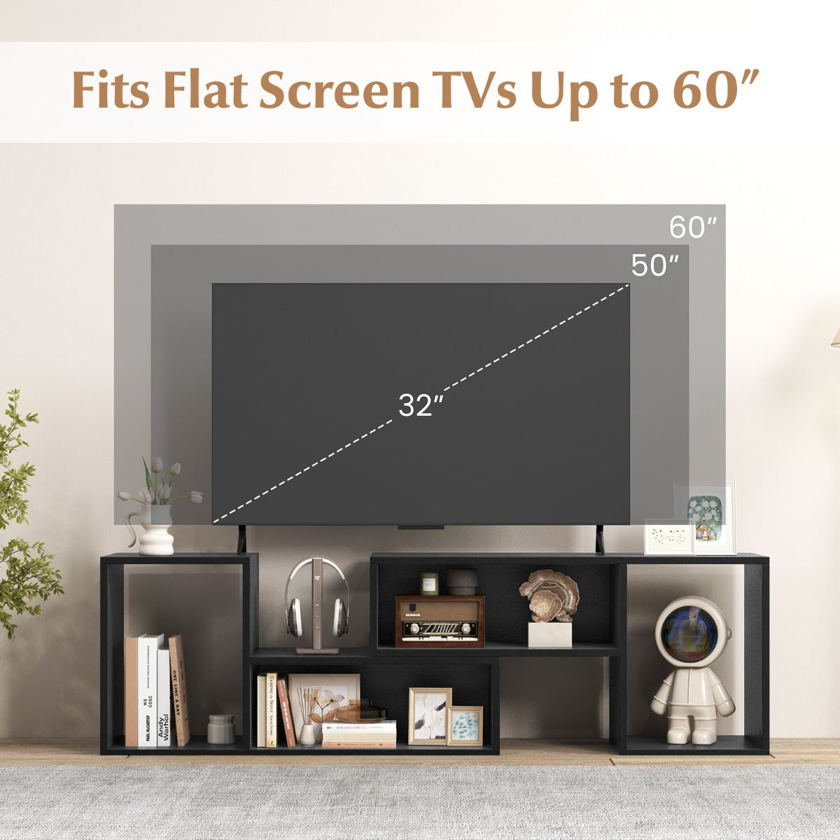 LIVSK modulaire tv-standaard - Aanpasbare L-vormige planken - Geschikt voor tv's tot 60 inch - Robuust en multifunctioneel - Zwart