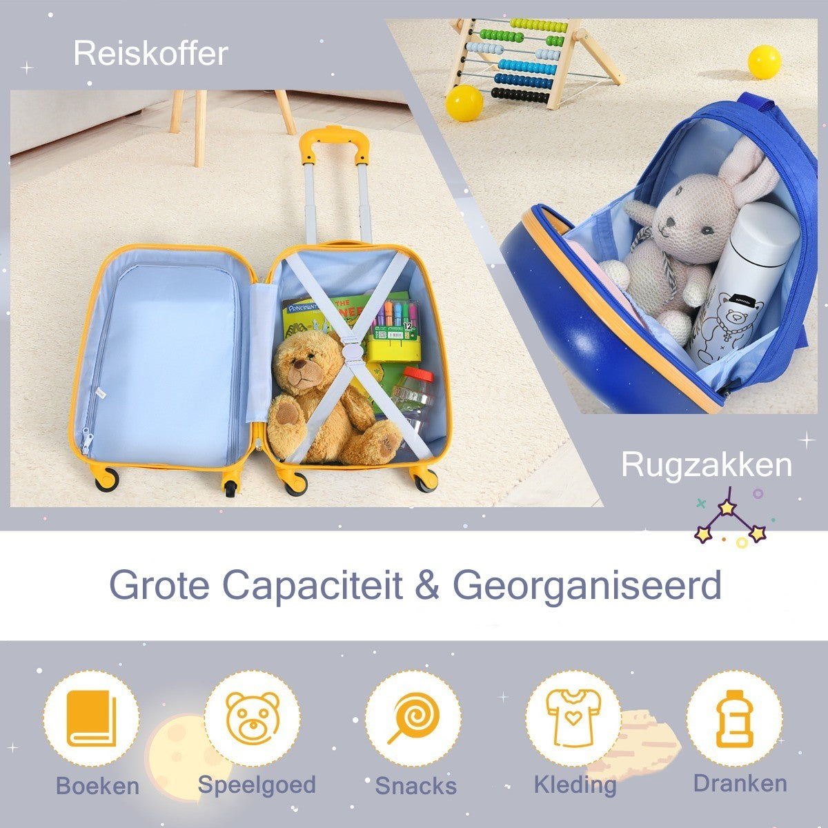 LIVSK Kinderbagageset - 12" Rugzak en 16" Koffer - 4 Rollende Wielen - Verstelbare Handgreep - Waterdicht - Blauw