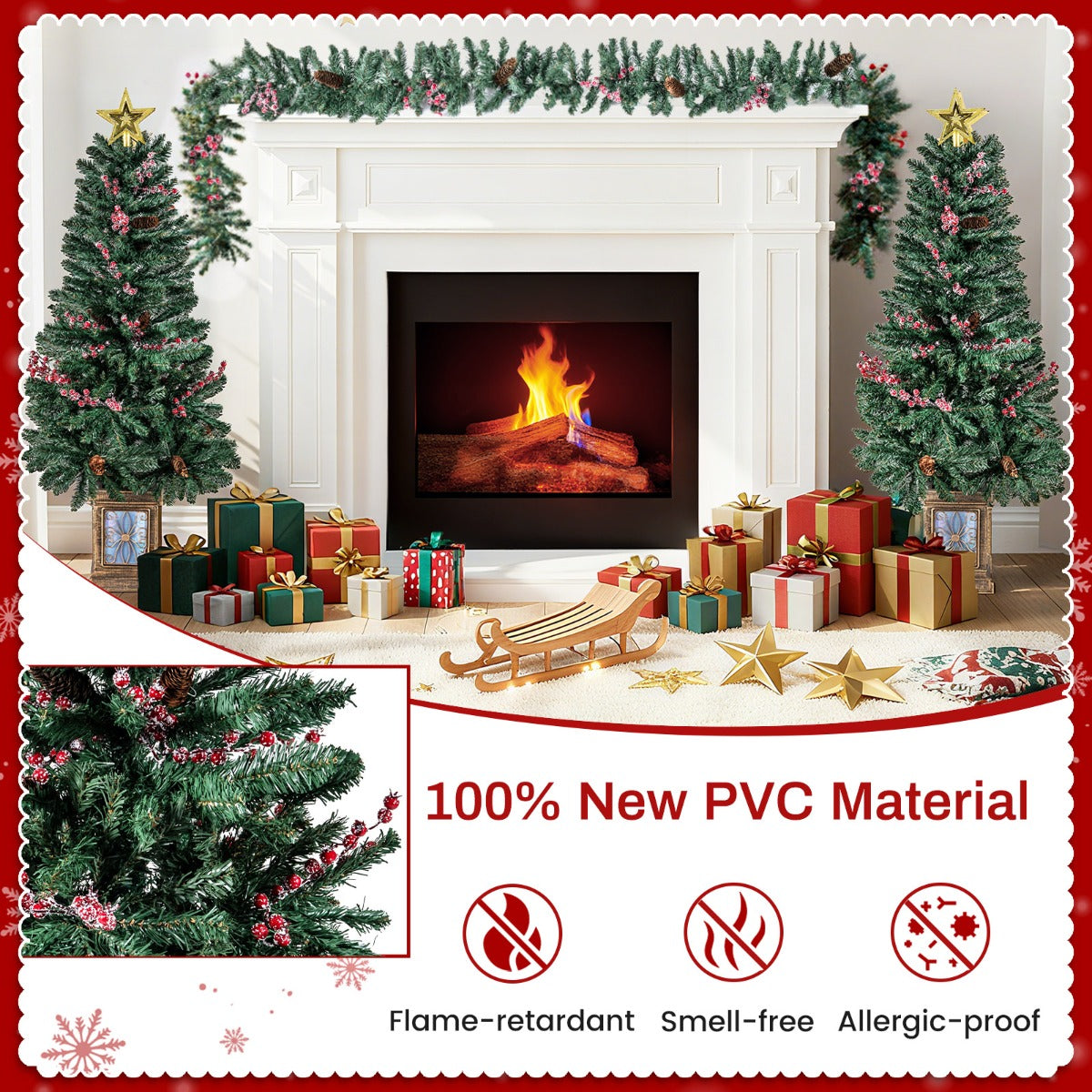 LIVSK 4-delige Kerstboomset - Inclusief Slinger en Krans - Brandveilig PVC - Retro Bloembak - 120 cm - Groen