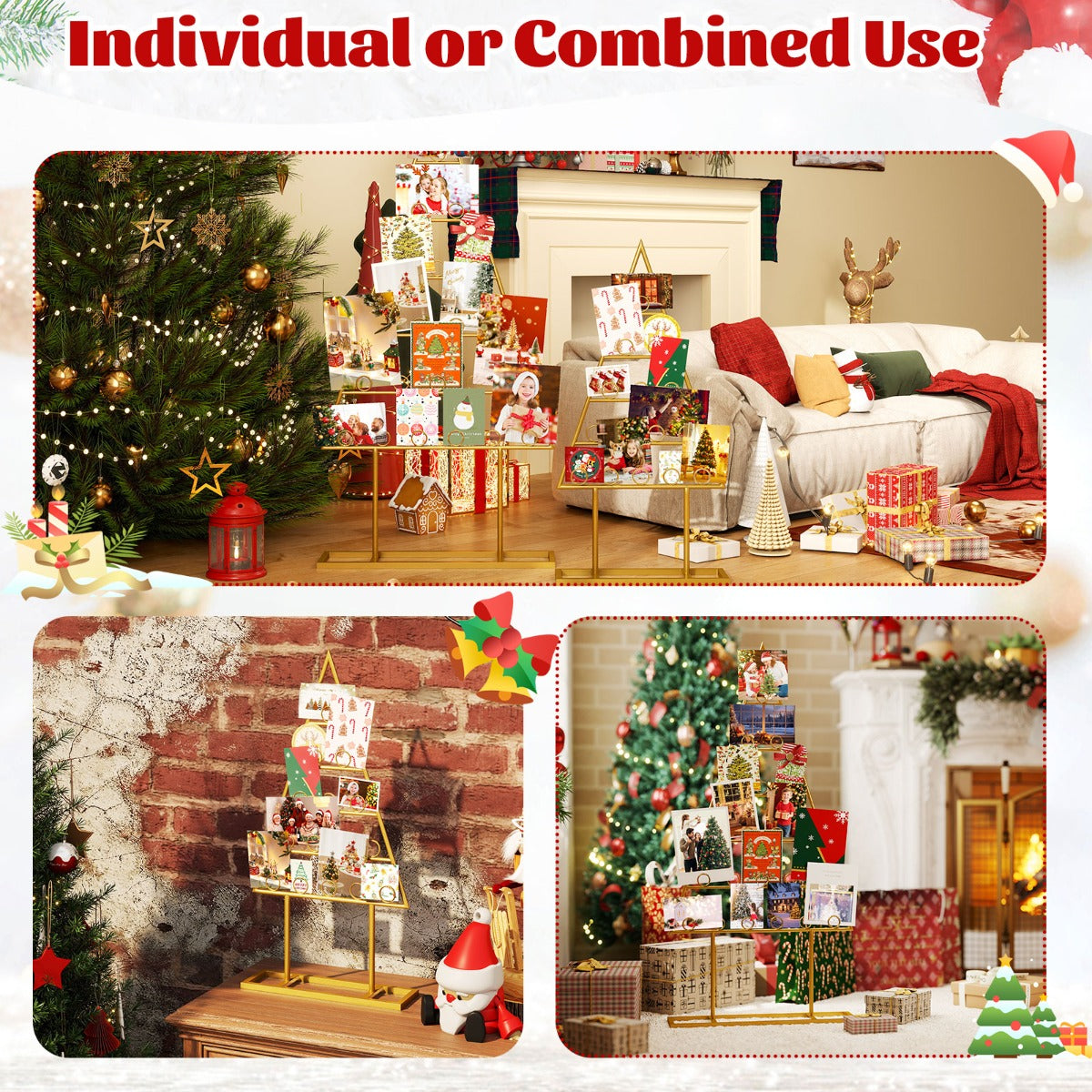 Livsk costway 2 delige kerstboomkaartdisplaystandaard met 36 ronde clips en metalen voet 4