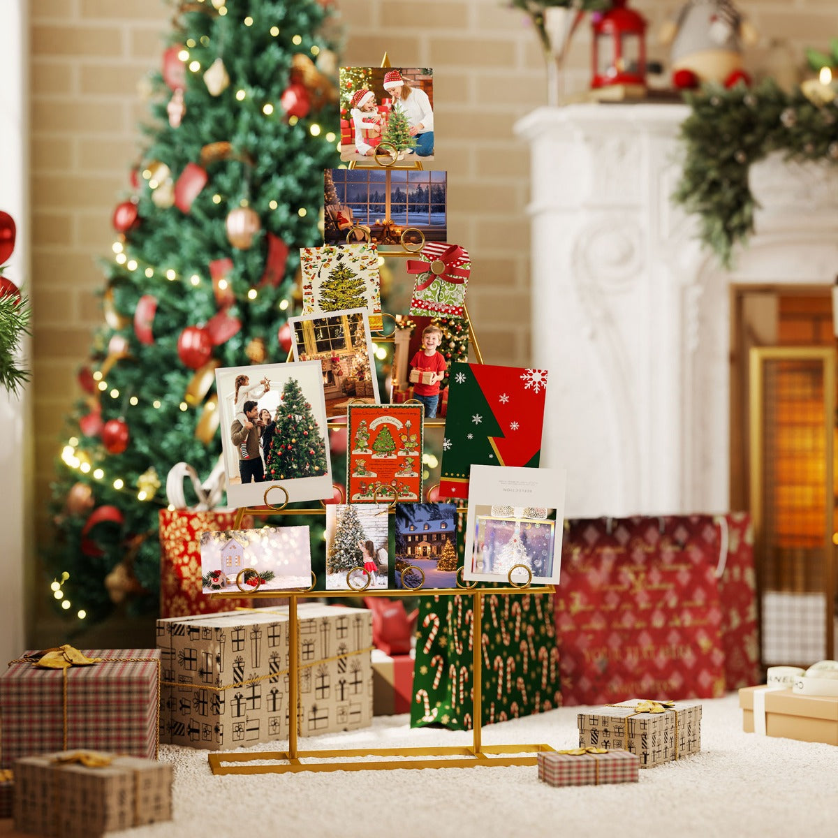 Livsk costway 2 delige kerstboomkaartdisplaystandaard met 36 ronde clips en metalen voet 5