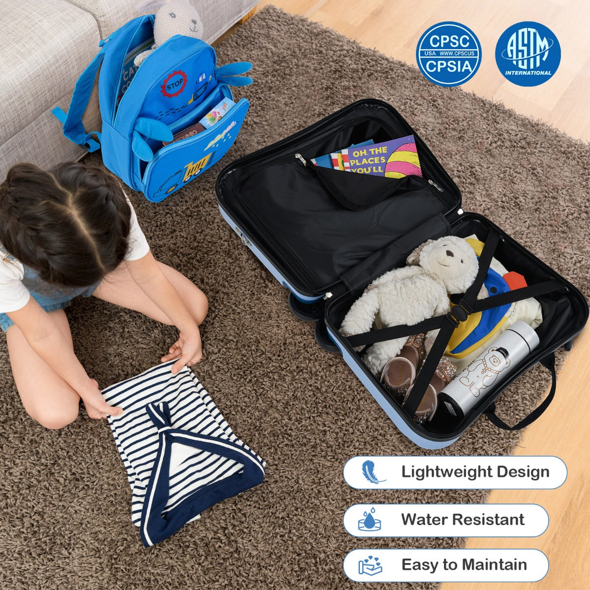 LIVSK Kinderkofferset met Rugzak - Multifunctionele Zitkoffer - 4 Wielen - Verstelbare Handgreep - Duurzaam en Waterdicht