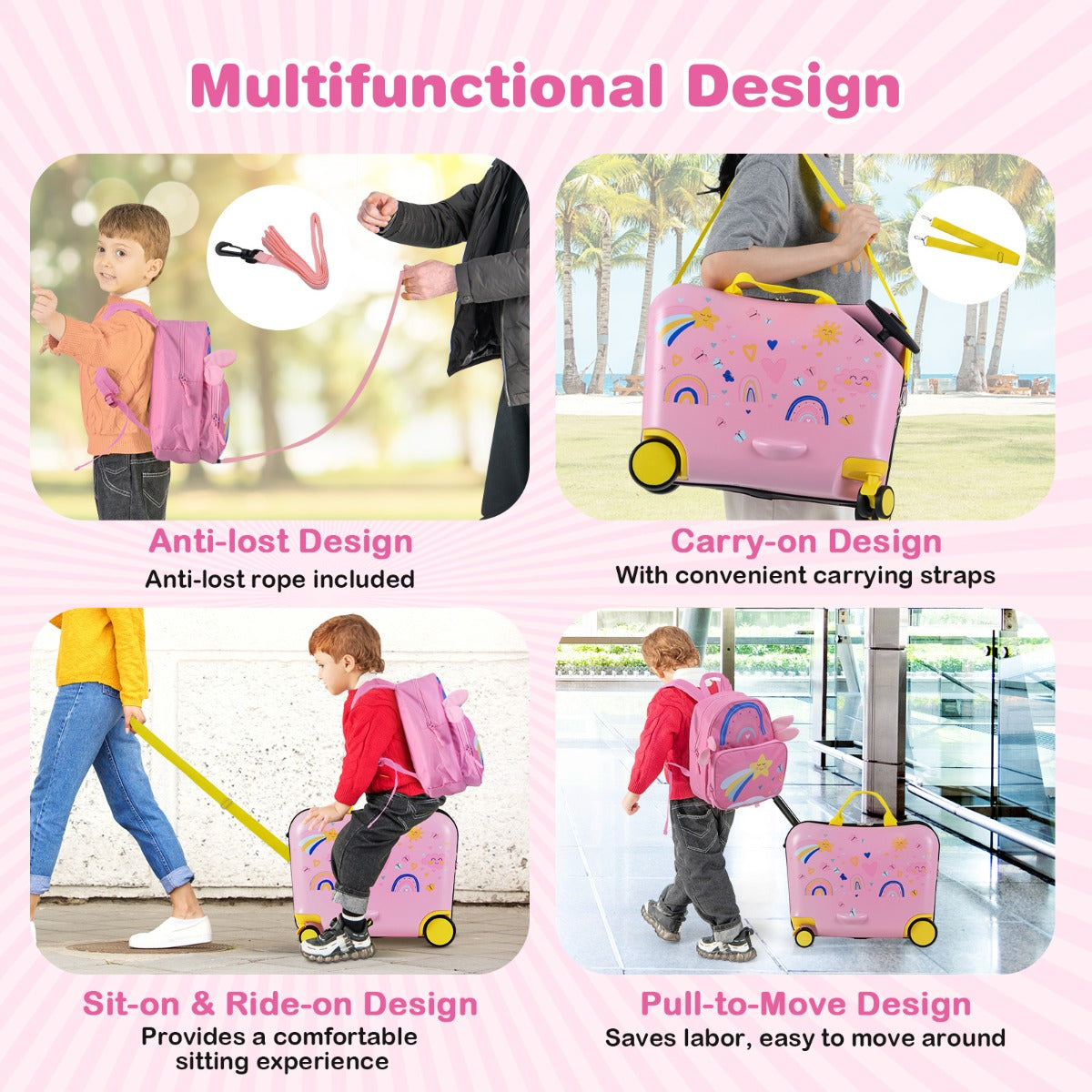 LIVSK Kinderkofferset met Zitkoffer en Rugzak - Multifunctioneel en Ergonomisch - Waterdicht en Duurzaam - Roze