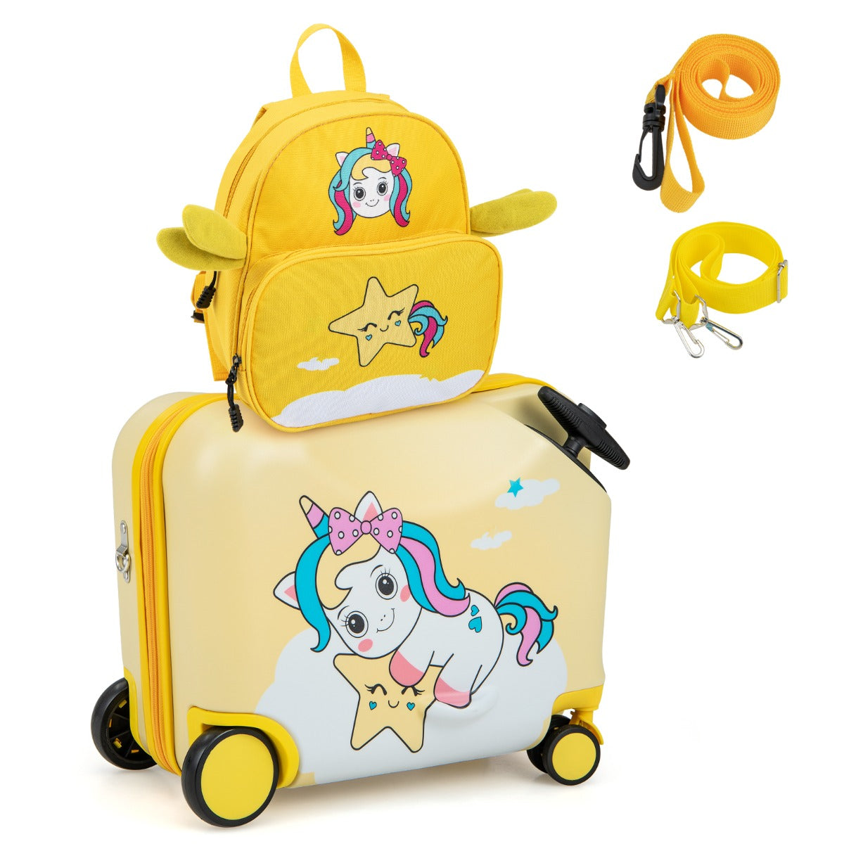 LIVSK Waterdichte 2-Delige Kinderkofferset - Ride-on Koffer 47 cm en Rugzak 30 cm - Verstelbaar Handvat - Geel