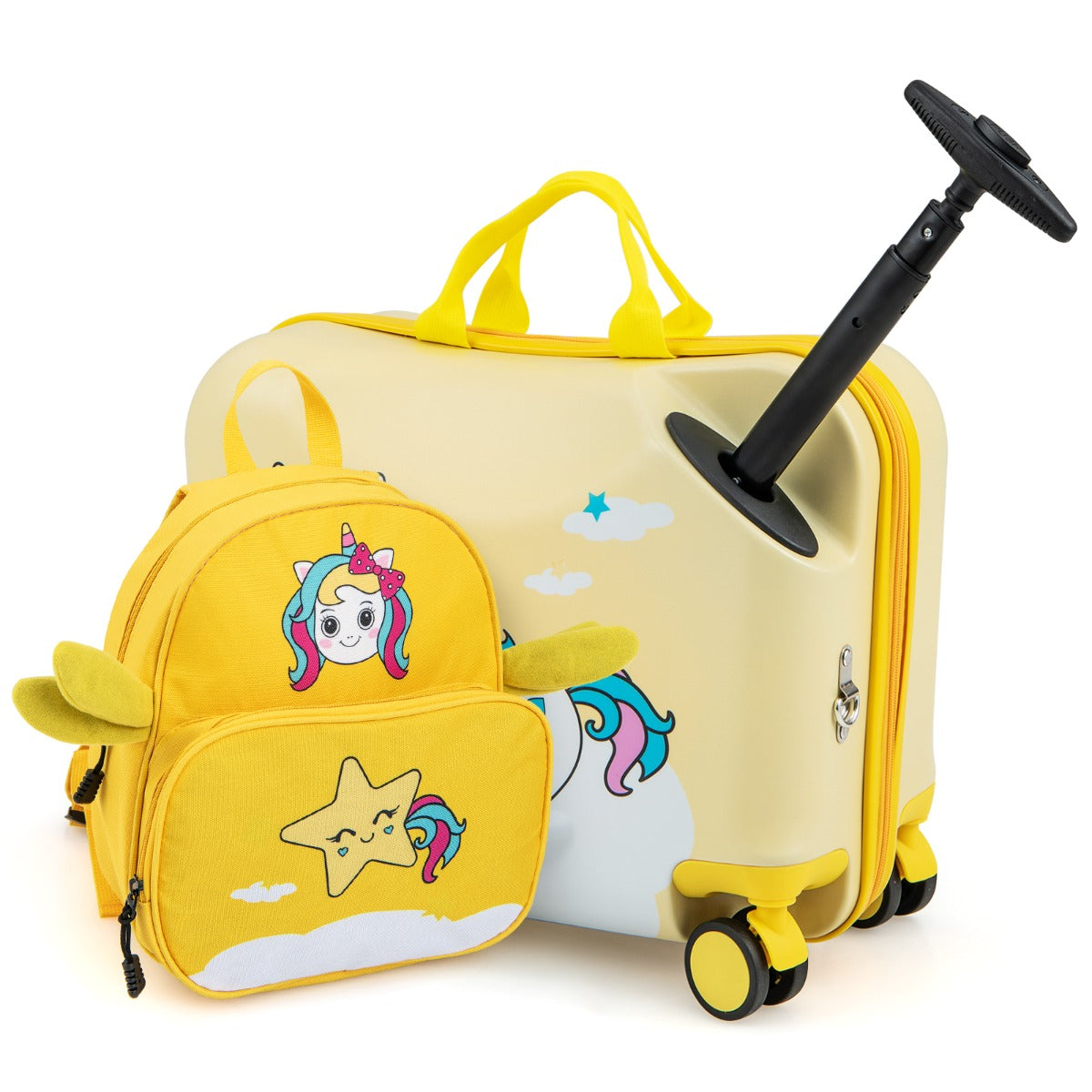 LIVSK Waterdichte 2-Delige Kinderkofferset - Ride-on Koffer 47 cm en Rugzak 30 cm - Verstelbaar Handvat - Geel