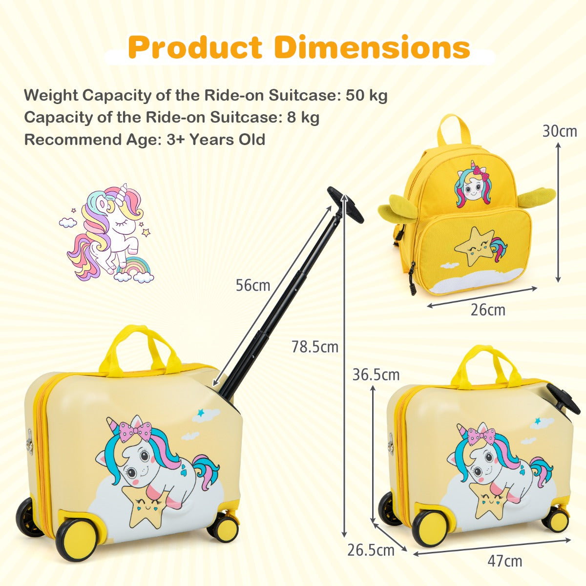 LIVSK Waterdichte 2-Delige Kinderkofferset - Ride-on Koffer 47 cm en Rugzak 30 cm - Verstelbaar Handvat - Geel
