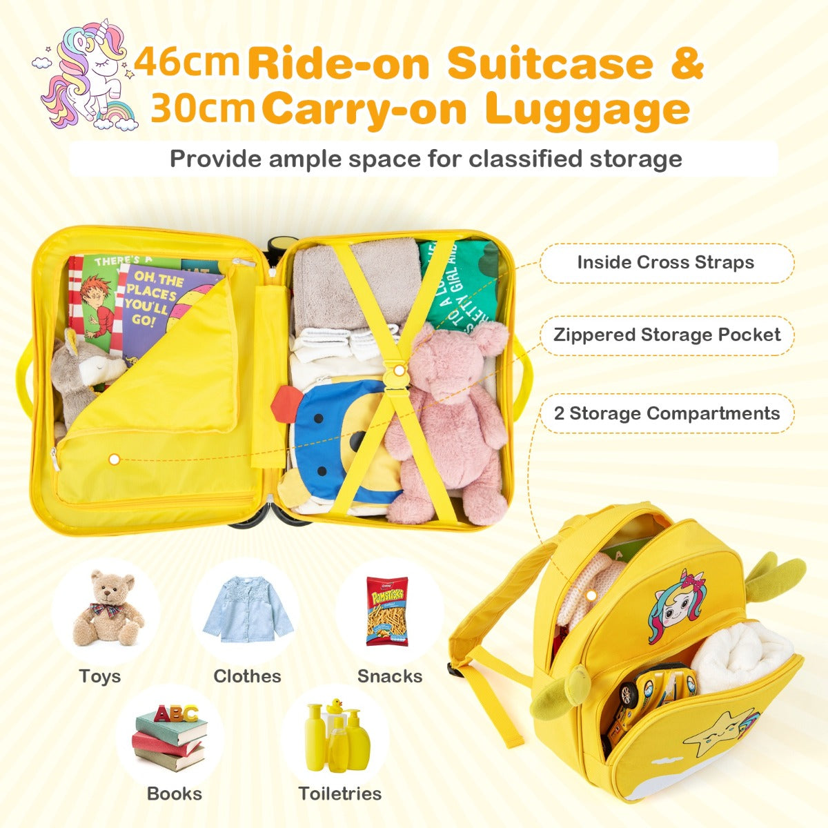 LIVSK Waterdichte 2-Delige Kinderkofferset - Ride-on Koffer 47 cm en Rugzak 30 cm - Verstelbaar Handvat - Geel