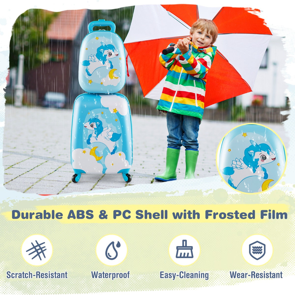 LIVSK Kinderkofferset met Rugzak - Hoogwaardig ABS - Lichtgewicht - 360° Draaibare Wielen - Kindvriendelijke Patronen - Blauw