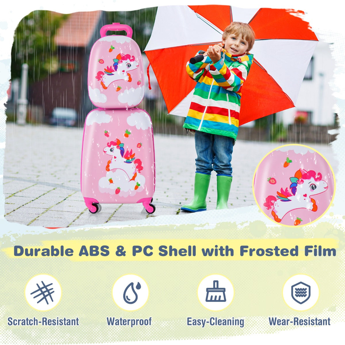 LIVSK Kinderkofferset met Rugzak - Stevig ABS - 360° Draaibare Wielen - Vrolijke Patronen - Lichtgewicht - Roze