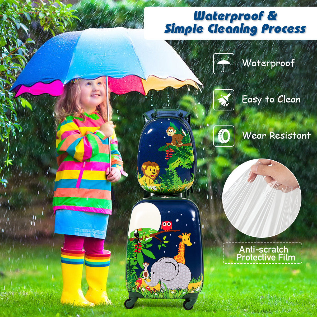 LIVSK Kinderkofferset - Lichtgewicht Kunststof Koffer en Rugzak - Waterdicht - 360° Wielen - Diverse Patronen - Blauw