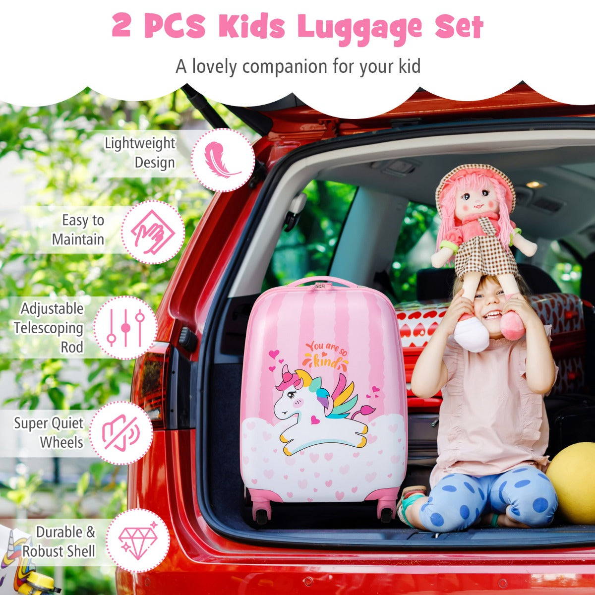 LIVSK Kinder Bagageset - Duurzaam ABS en Polycarbonaat - Grote Opbergruimte - Verstelbaar Handvat - Eenhoornpatroon - Roze