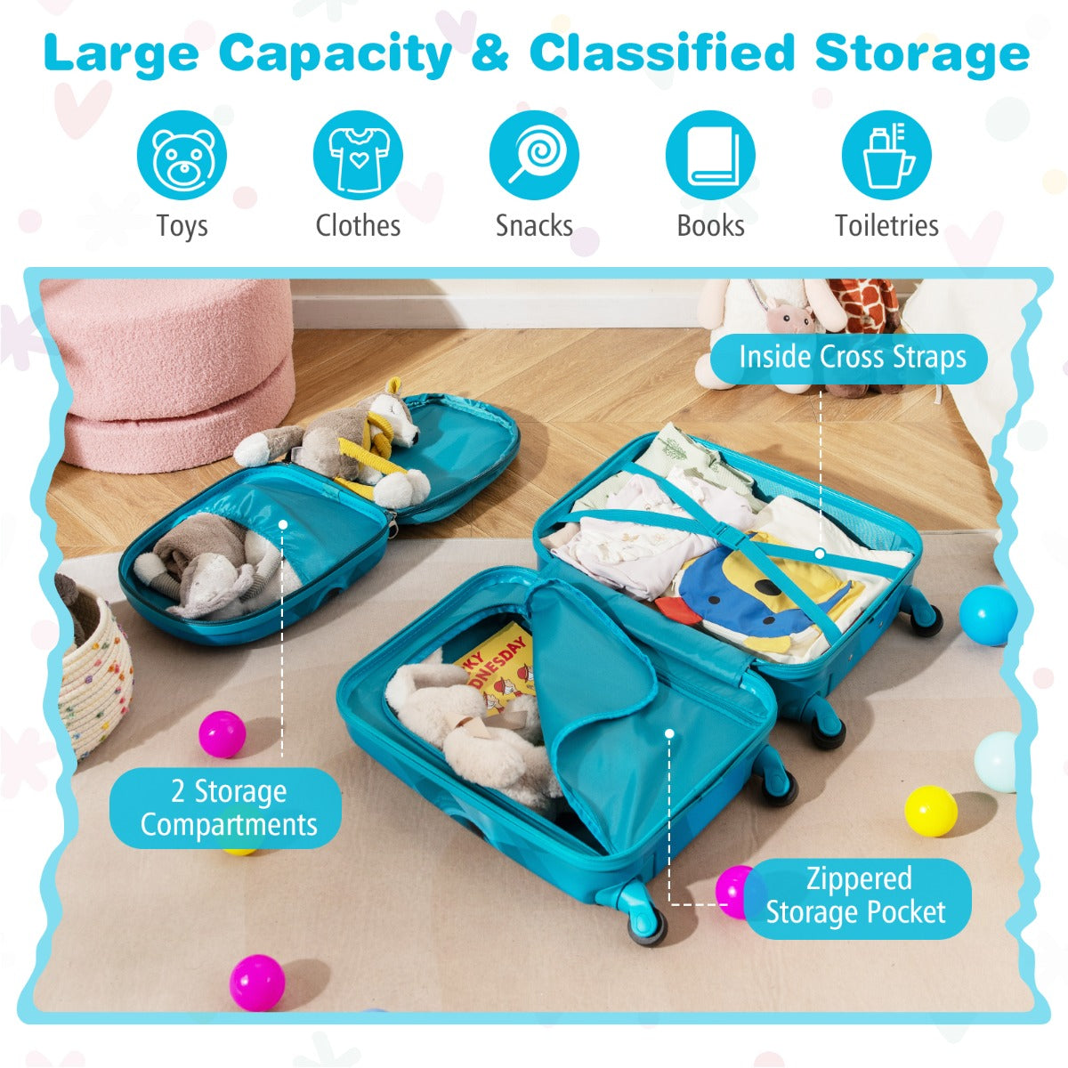 LIVSK Kinderkoffer Set - 17" Harde Koffer en 13" Rugzak - Duurzaam ABS - 4 Wielen - Voor Kinderen - Blauw