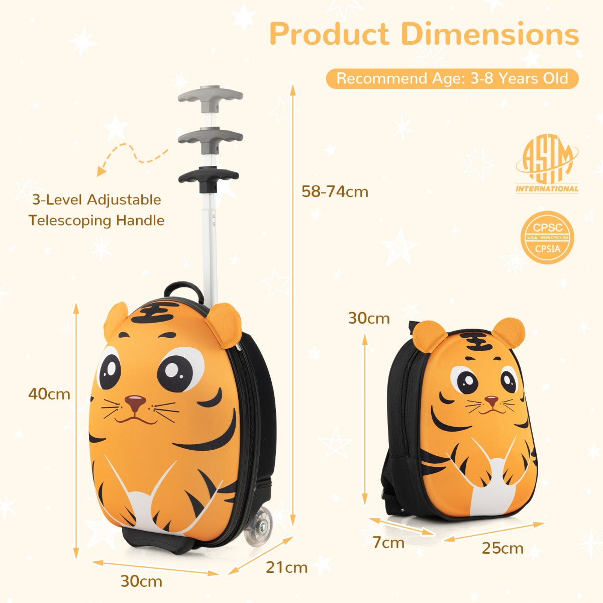 LIVSK Kinderkofferset - 40 cm Rolkoffer en 30 cm Rugzak - Handbagage Goedgekeurd - Duurzaam en Leuk Ontwerp - Geel
