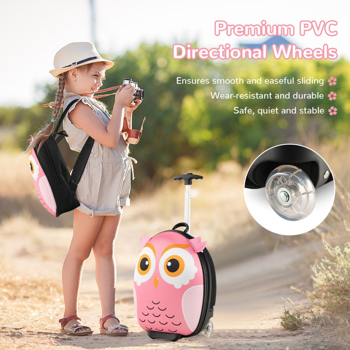 LIVSK 2-delige Kinderkofferset - Handbagage Rolkoffer 40 cm en Rugzak 30 cm - Krasbestendig - Leuk Ontwerp - Roze
