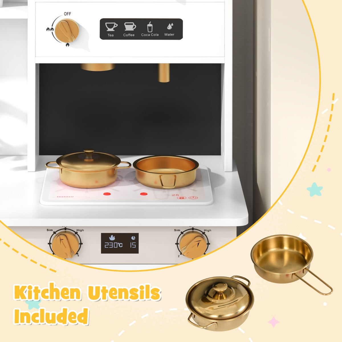 Livsk costway 2 delige kinderkookset speelkeuken en koelkast met educatieve sprekende wandposter koffiezetapparaat en magnetron 5