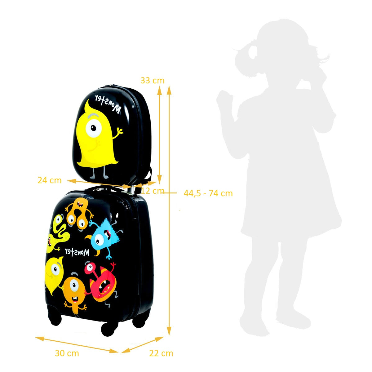 LIVSK Kinderkofferset - Hardshell Koffer en Rugzak - Lichtgewicht - Waterdicht - Kindvriendelijke Patronen - Zwart