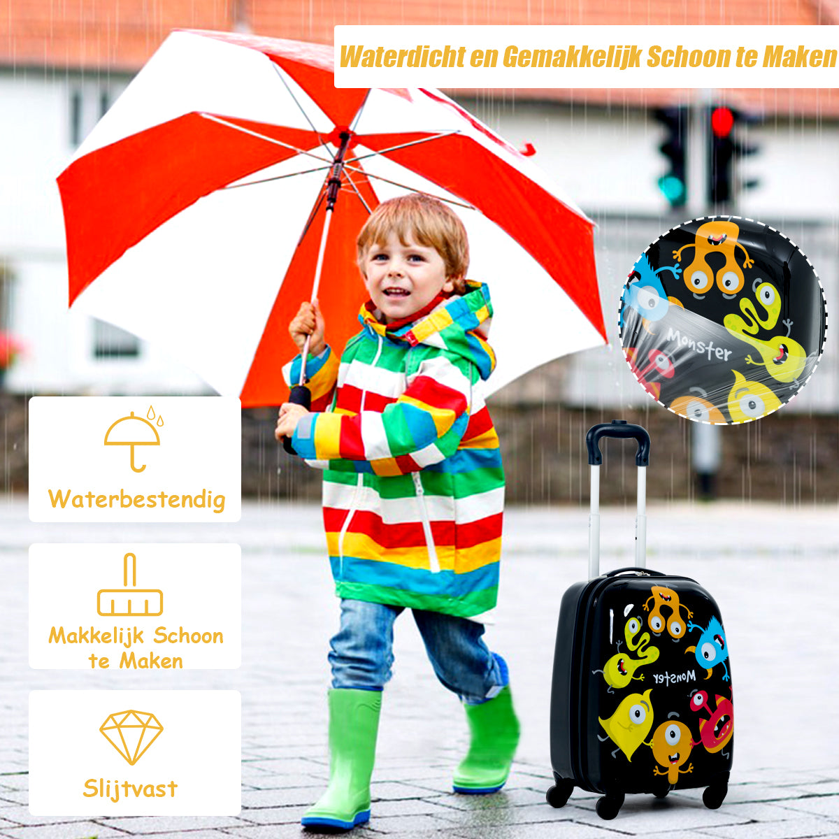 LIVSK Kinderkofferset - Hardshell Koffer en Rugzak - Lichtgewicht - Waterdicht - Kindvriendelijke Patronen - Zwart