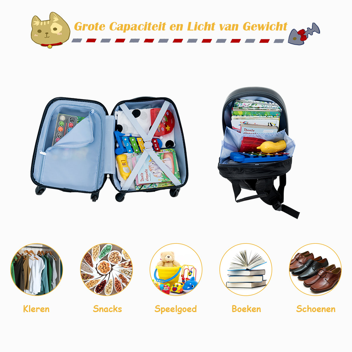 LIVSK Kinderkofferset - Hardshell Koffer en Rugzak - Lichtgewicht - Waterdicht - Kindvriendelijke Patronen - Zwart