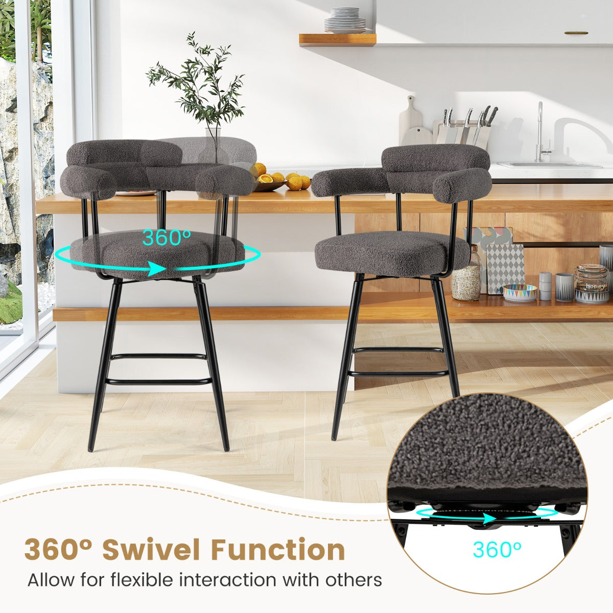 LIVSK Draaibare Barkrukken Set - Pluche Bouclé-stof - 360° Draaifunctie - Ergonomisch - Tot 150 kg - 69 cm - Grijs + Zwart