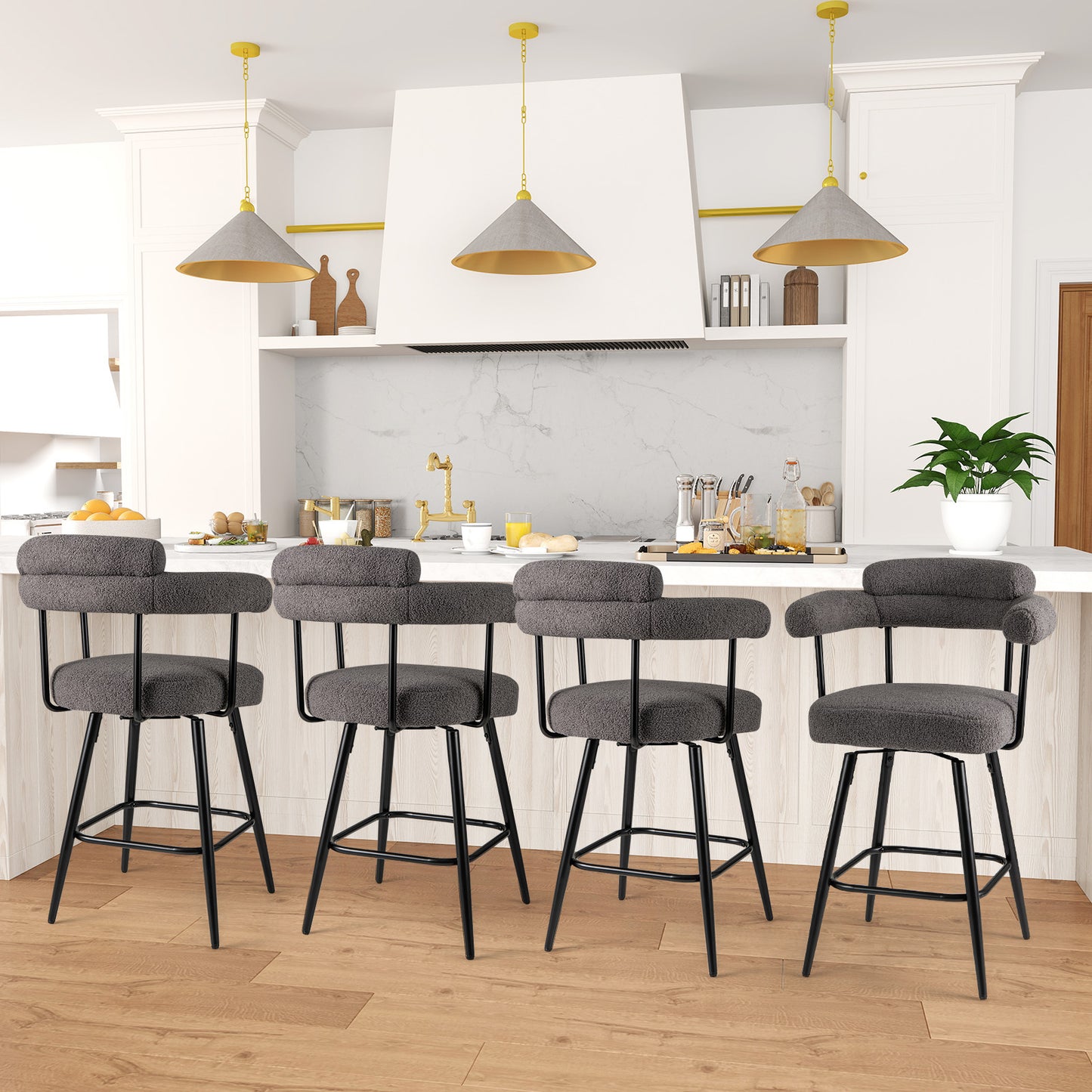 LIVSK Draaibare Barkrukken Set - Pluche Bouclé-stof - 360° Draaifunctie - Ergonomisch - Tot 150 kg - 69 cm - Grijs + Zwart