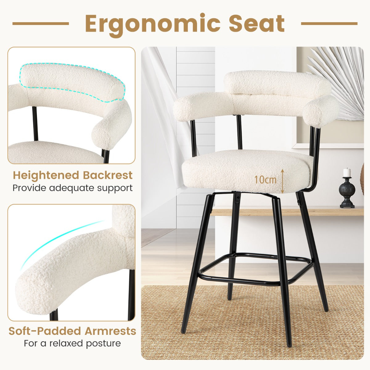 LIVSK Draaibare Barkrukken Set - Luxe Bouclé-stof - 360° Draaifunctie - Ergonomisch - Tot 150 kg - Wit en Zwart