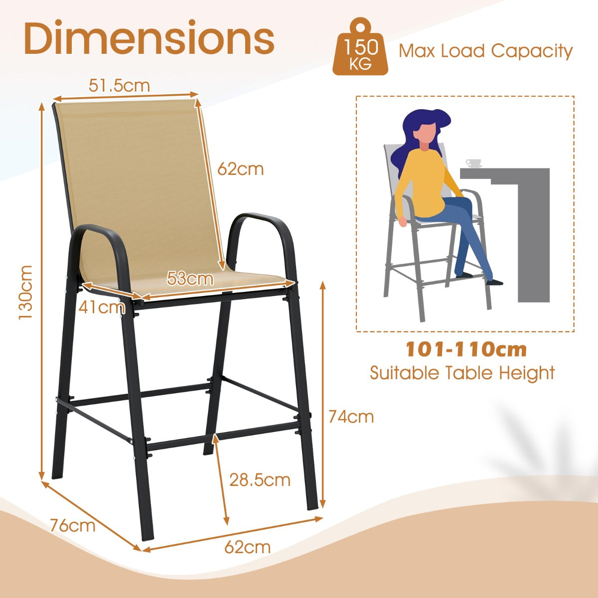 LIVSK Barkrukken Set van 2 - Ergonomisch met Hoge Rugleuning en Armleuningen - Tot 150 kg - Voor Bartafels 101-110 cm - Beige +
