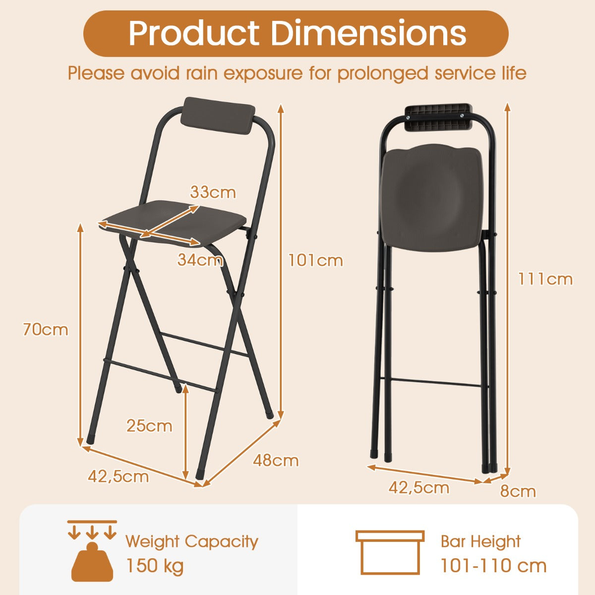 LIVSK Opvouwbare Hoge Terrasbarstoelen - Ergonomisch met Voetsteun - Robuust Metaal - Belastbaar tot 150 kg - 48 x 42,5 x 101 cm