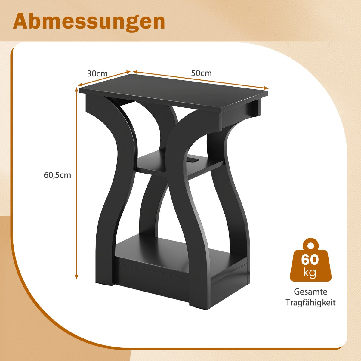 LIVSK Set van 2 Bijzettafels met Oplaadstation - 3-Laags Ontwerp - Antislip - Modern en Stevig - 50 x 30 x 60,5 cm - Zwart
