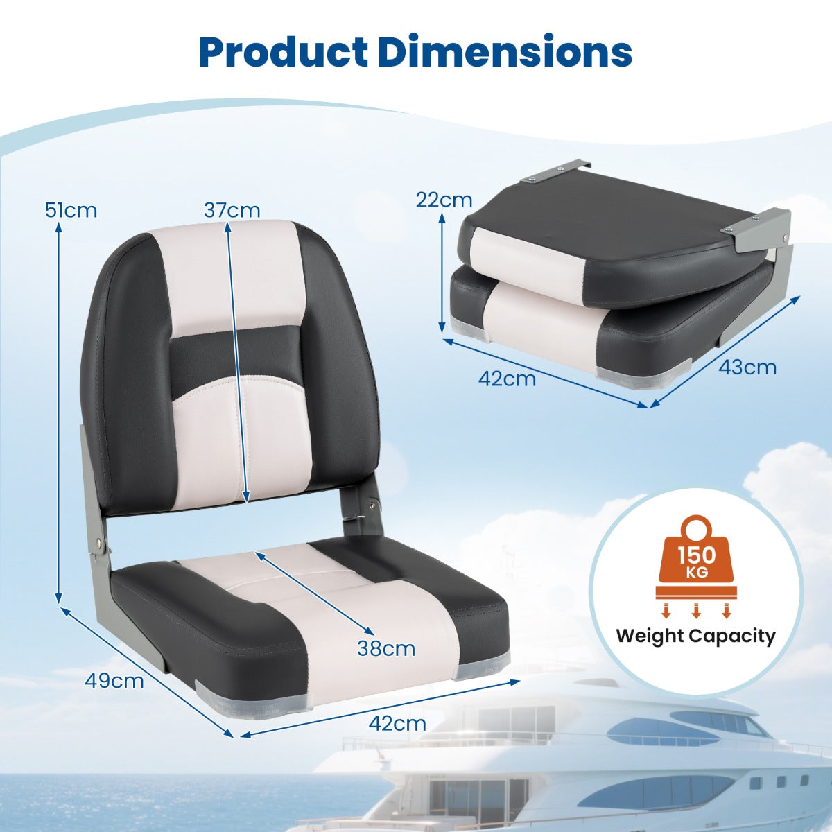 LIVSK Bootstoelenset - 2 Delige Set met Gewatteerde Rugleuningen - Opvouwbaar en Weerbestendig - 42 x 49 x 51 cm - Grijs + Wit
