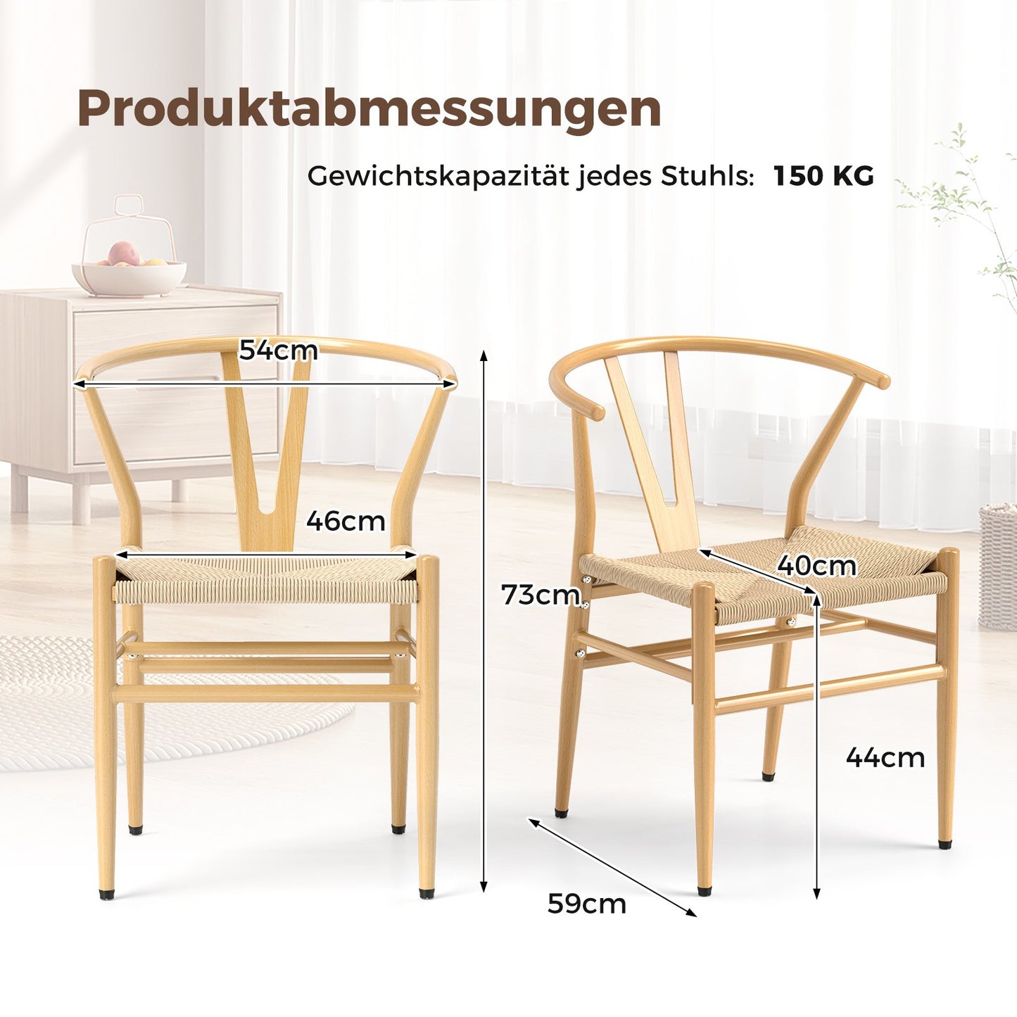 LIVSK Eethoekstoelset - Ergonomisch met Y-vormige Rugleuningen - Gevlochten Kraftpapier - Duurzaam Metaal - Tot 150 kg - Naturel