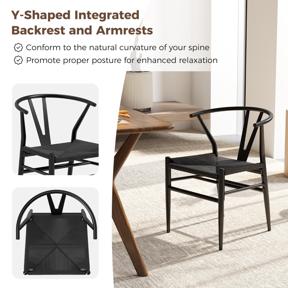 LIVSK Eetkamerstoelset - Ergonomisch met Y-vormige Rugleuningen - Handgeweven Kraftpapier - Robuust Metaal - Zwart