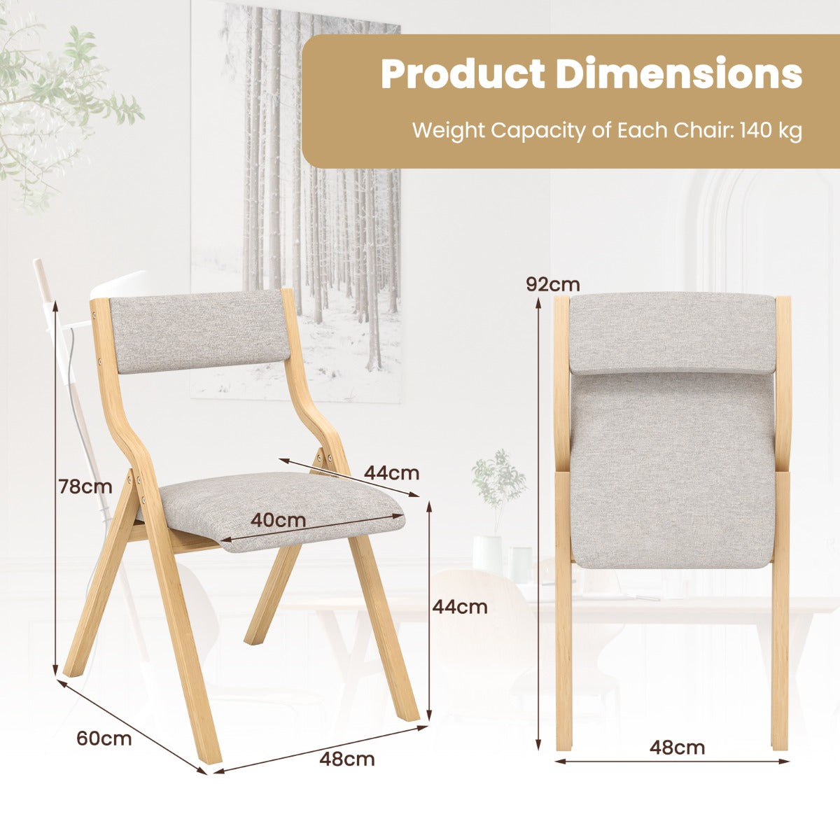 LIVSK Klapstoelen Set van 2 - Ruimtebesparend - Gebogen Houten Frame - Ademend Linnen - Tot 140 kg - Grijs+Natuur