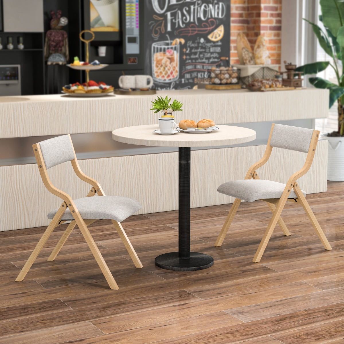 LIVSK Klapstoelen Set van 2 - Ruimtebesparend - Gebogen Houten Frame - Ademend Linnen - Tot 140 kg - Grijs+Natuur