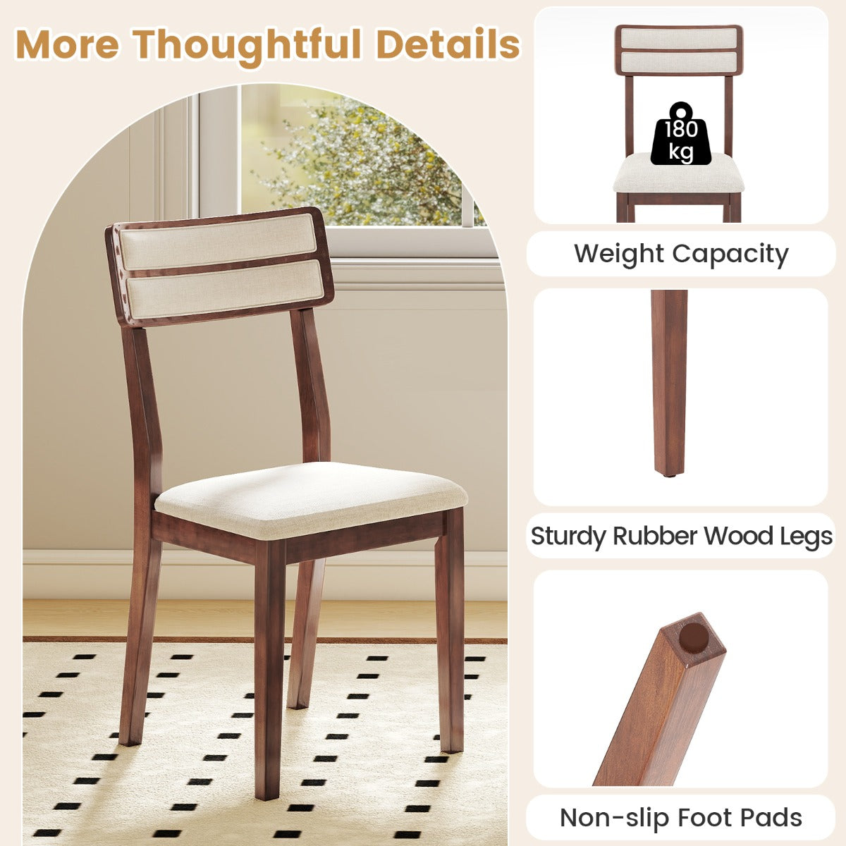 LIVSK Gestoffeerde Eetkamerstoelen - Slijtvast Linnen - Ergonomische Rugleuning - Rubberwood Poten - Set van 2 - Notenhout