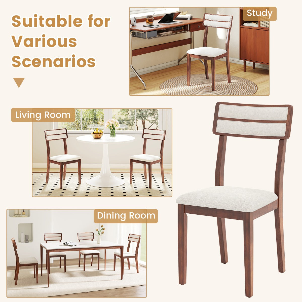 LIVSK Gestoffeerde Eetkamerstoelen - Slijtvast Linnen - Ergonomische Rugleuning - Rubberwood Poten - Set van 2 - Notenhout