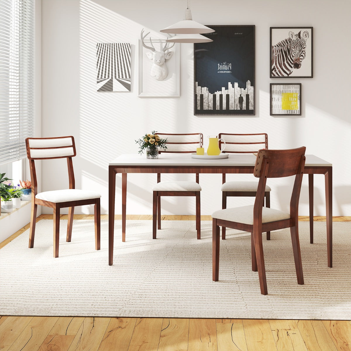 LIVSK Gestoffeerde Eetkamerstoelen - Slijtvast Linnen - Ergonomische Rugleuning - Rubberwood Poten - Set van 2 - Notenhout