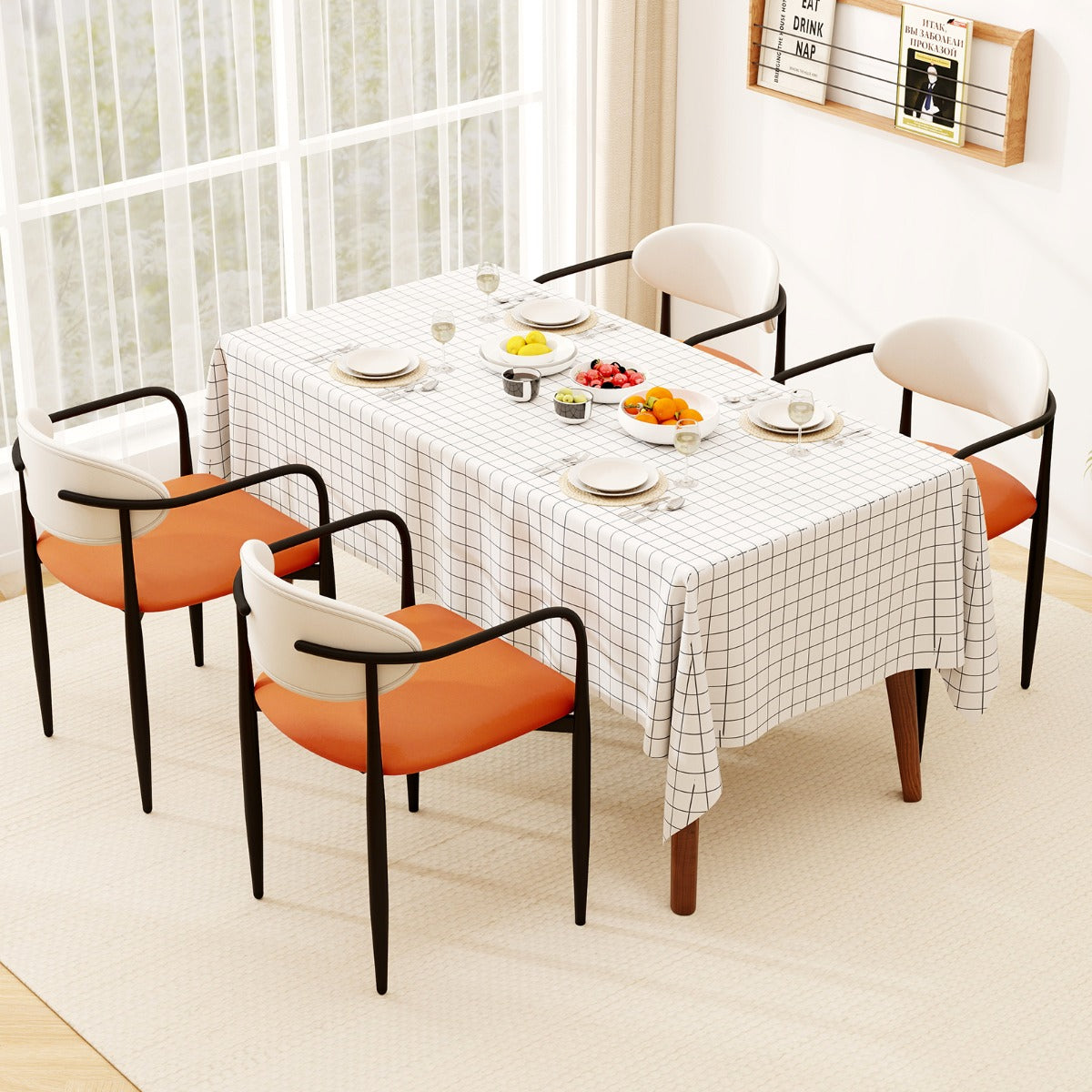 LIVSK Eetkamerstoelen Set van 2 - Ruime Zitting - Gebogen Rugleuning - Metalen Frame - Tot 150 kg - Wit + Oranje + Zwart