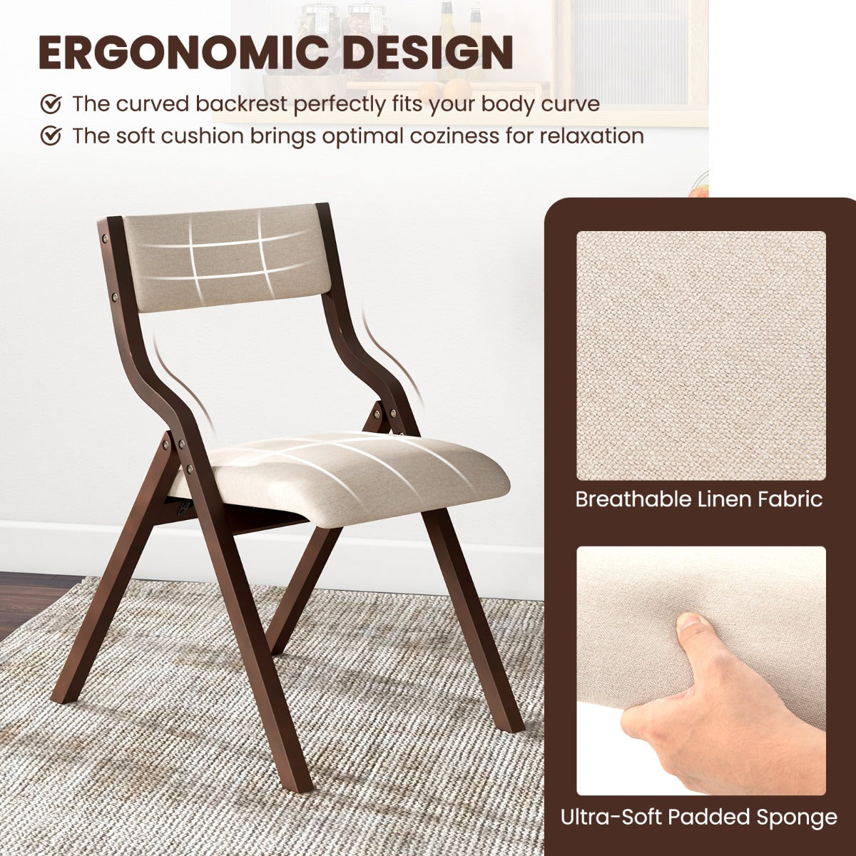 LIVSK Klapstoelen Set van 2 - Opvouwbaar en Ruimtebesparend - Robuust Houten Frame - Tot 140 kg - Koffie+Beige