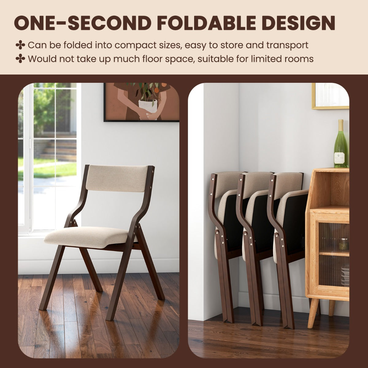 LIVSK Klapstoelen Set van 2 - Opvouwbaar en Ruimtebesparend - Robuust Houten Frame - Tot 140 kg - Koffie+Beige