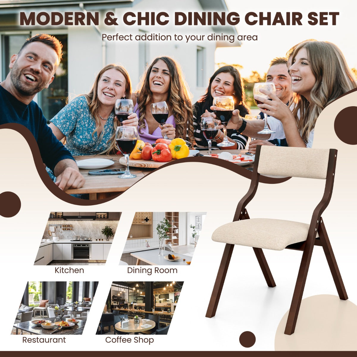 LIVSK Klapstoelen Set van 2 - Opvouwbaar en Ruimtebesparend - Robuust Houten Frame - Tot 140 kg - Koffie+Beige