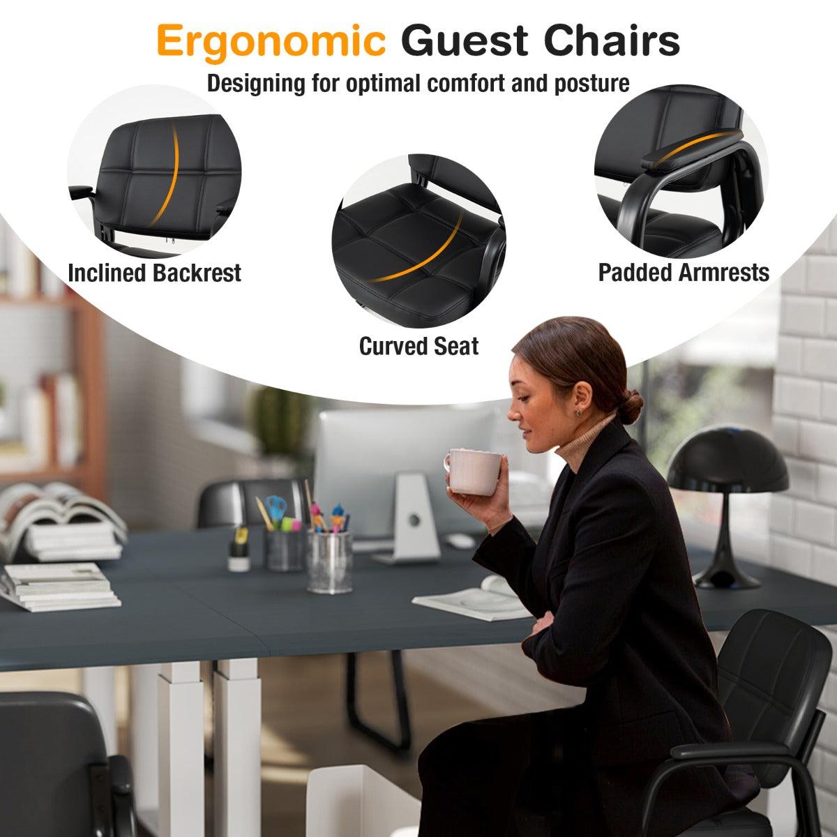 LIVSK Ergonomische Gastenstoelen - Schuimvulling - Kunstleren Bekleding - Robuust Metaal - Tot 120 kg - Zwart