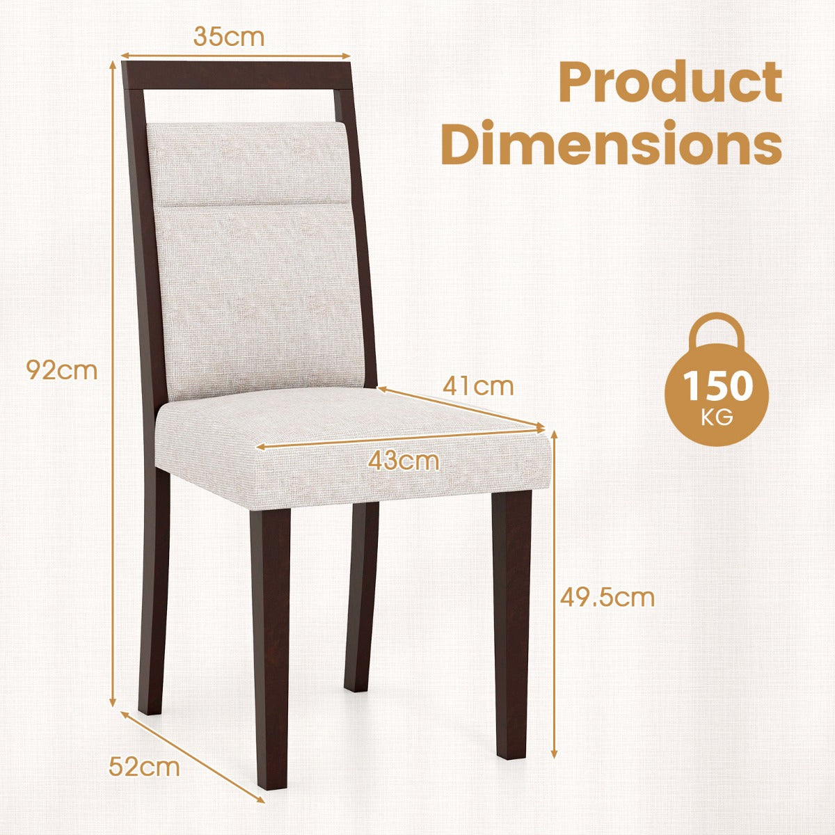 LIVSK 2-delige Set Eetkamerstoelen - Gestoffeerd met Ergonomische Rugleuning - Huidvriendelijke Stof - Tot 150 kg - Beige