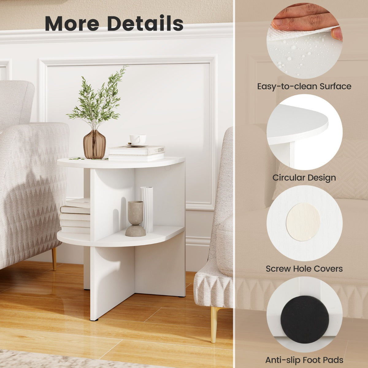 LIVSK Halfronde Bijzettafel Set - 2 Open Planken - Compact en Elegant - 38 x 38 x 48,5 cm - Wit