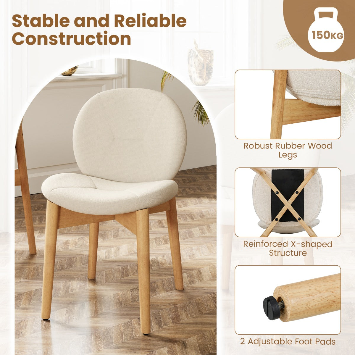 LIVSK Houten Eetkamerstoelen - Rubberhout Poten - Ergonomisch Ontwerp - Hoogdicht Schuim - Set van 2 - Wit+Natuurlijk