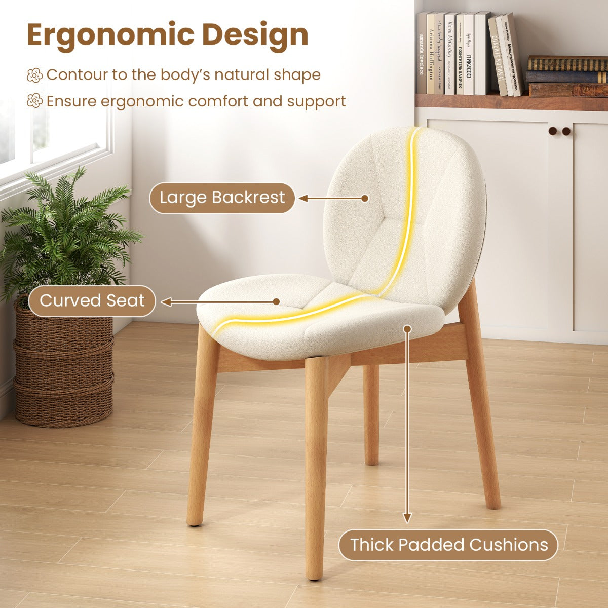 LIVSK Houten Eetkamerstoelen - Rubberhout Poten - Ergonomisch Ontwerp - Hoogdicht Schuim - Set van 2 - Wit+Natuurlijk